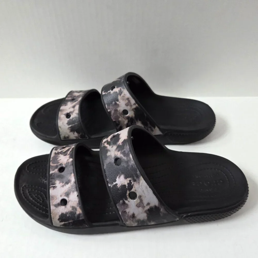 Crocs Shoes Mens 10 Black Tie Dye Double Strap Slides Comfort Beach